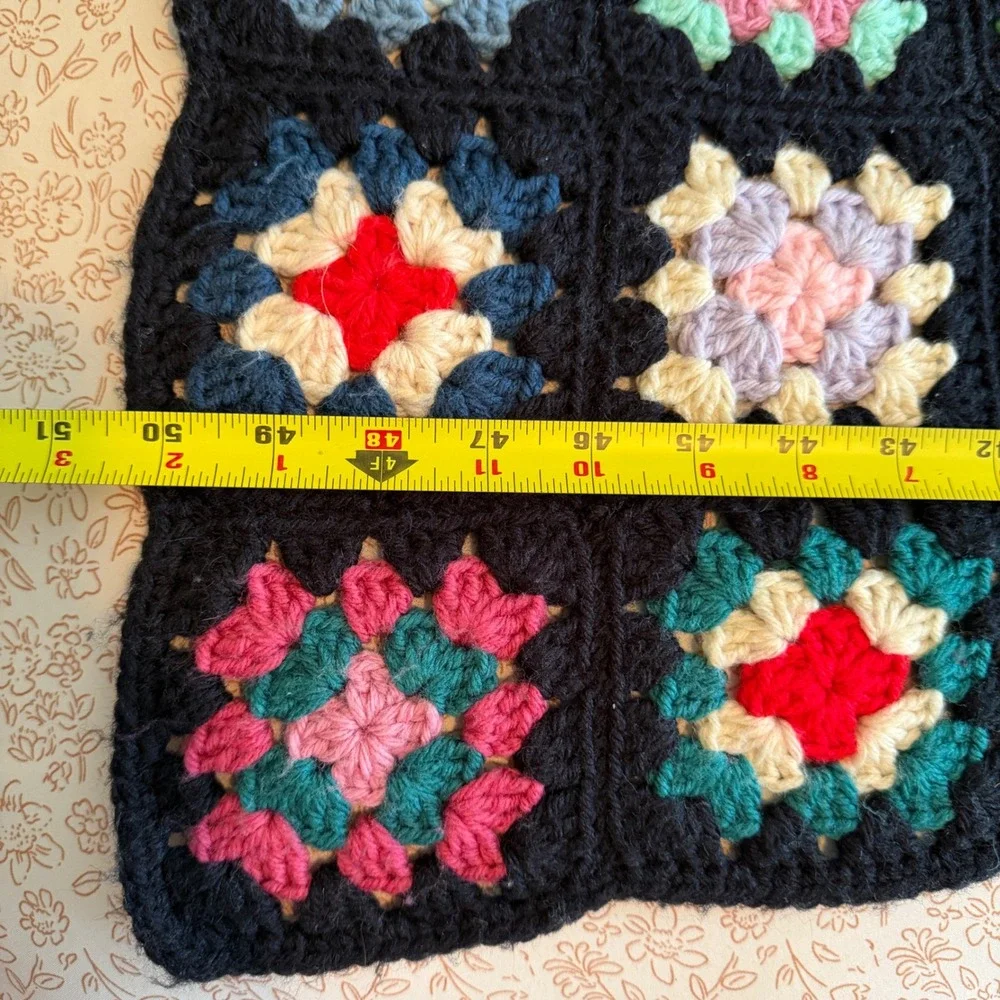 Vintage Handmade Crochet Granny Square Blanket Multi Color Black Afghan 62x50